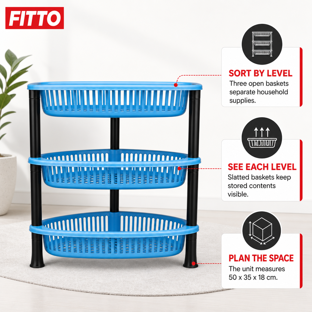 72 Pieces 3-Tier Plastic Storage Basket Rack, Light Blue and Black Vertical Organizer, 1 Unit, 50 x 35 x 18 cm