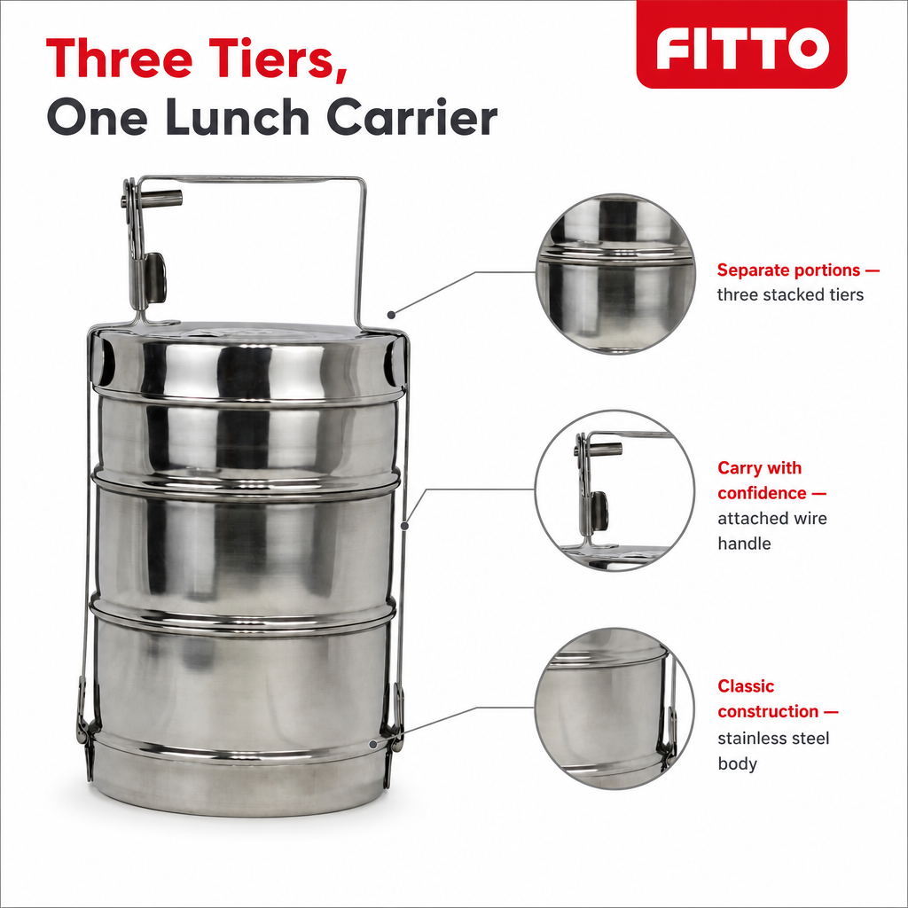 60 Pieces Stainless Steel Tiffin Lunch Box, 10 Inch, 3 Tier Stackable Meal Container With Carry Handle