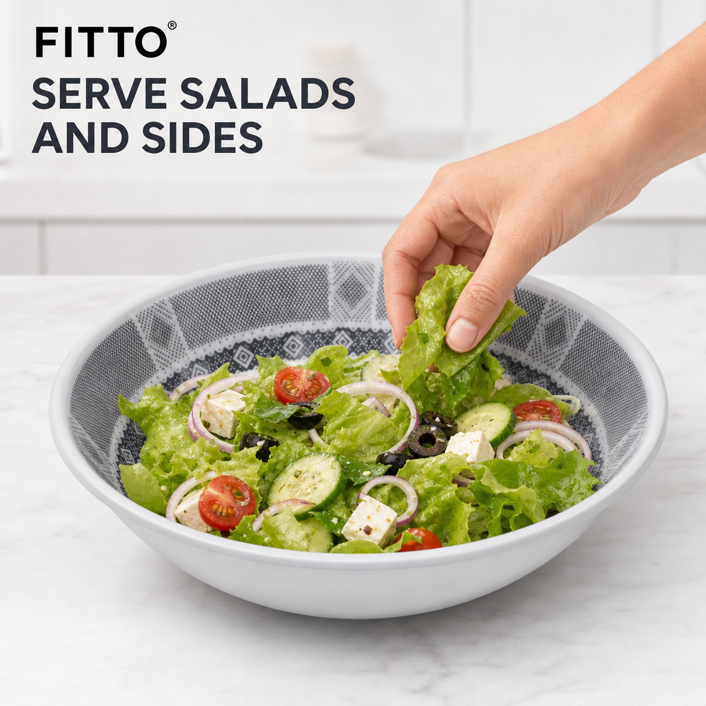 96 Pieces Melamine Salad Bowl, 8 Inch, Grey With Geometric Border