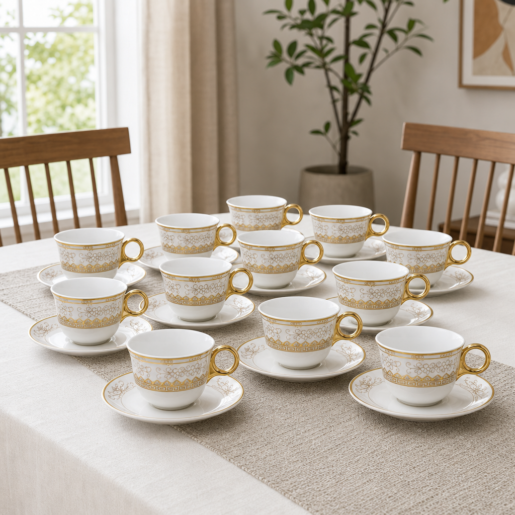 96 Pieces Ceramic Cup and Saucer Set, White and Gold Tableware, 12 Pieces for Coffee and Tea Serving