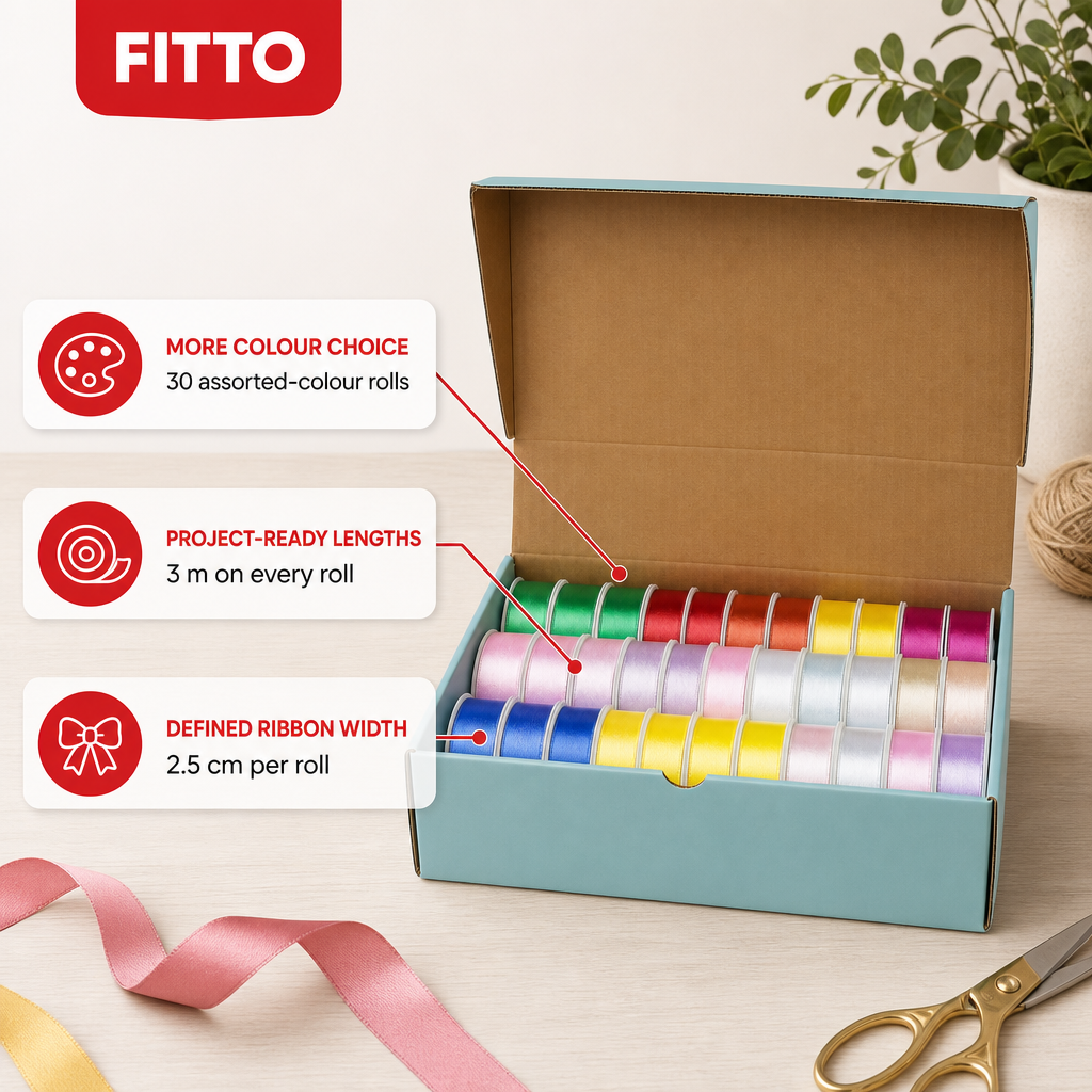 48 Pieces Assorted Colour Satin Ribbon Rolls, 2.5 cm x 3 m, 30 Rolls for Crafts
