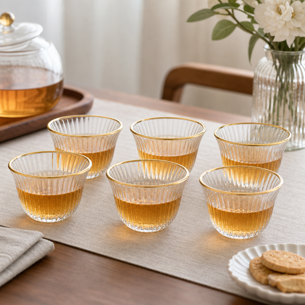96 Pieces Clear Glass Cawa Cups, Gold-Tone Rims, Fine Ribbed Design, 6-Piece Set