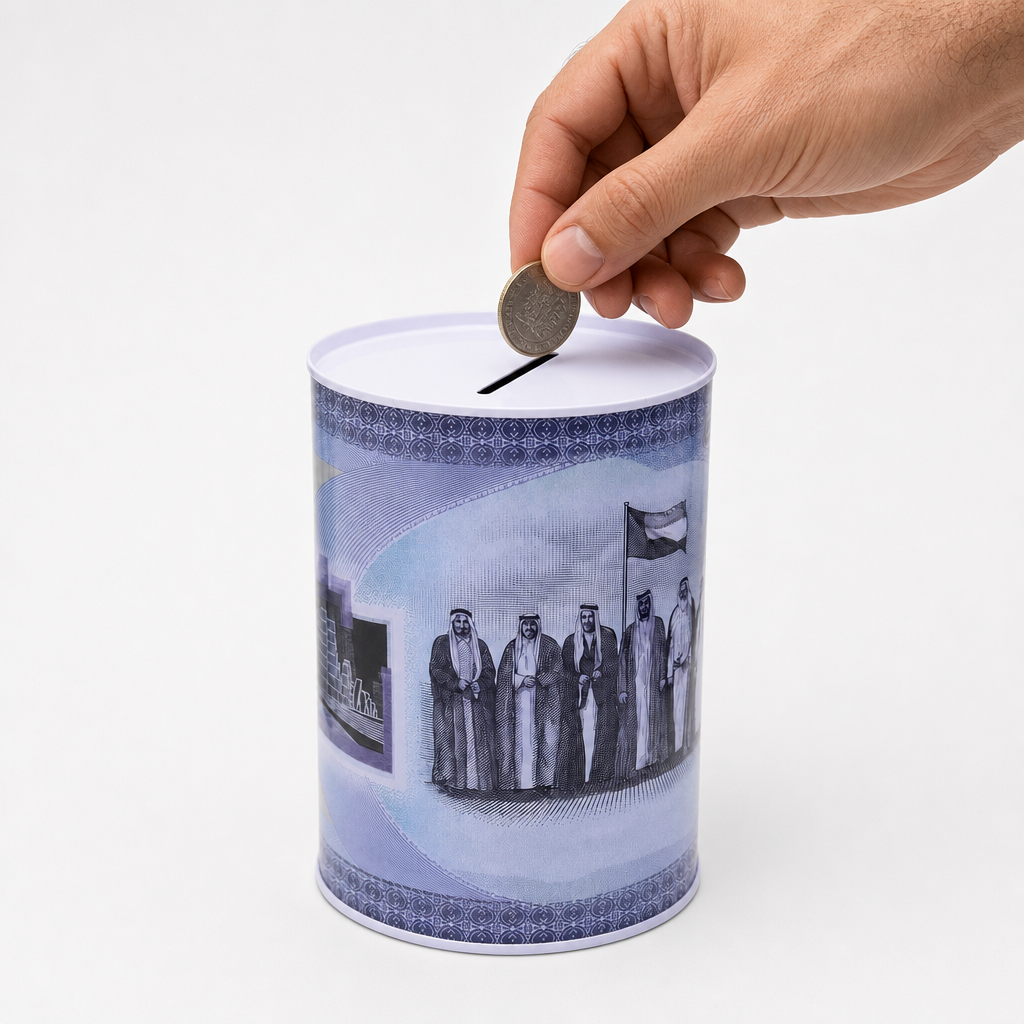 144 Pieces Coin Saving Box, Dirham Design Metal Money Box, Round Cylinder, 10 × 15 cm