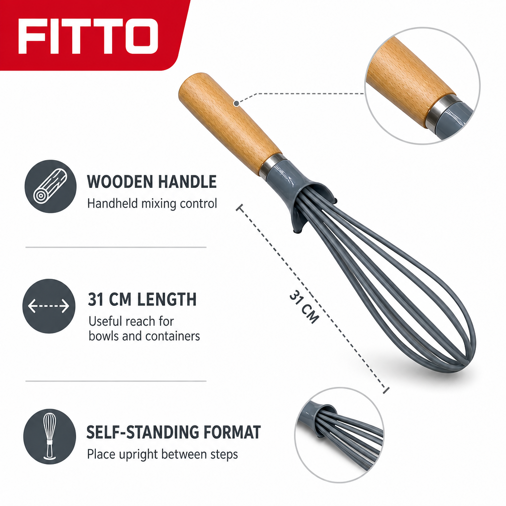 96 Pieces Self-Standing Egg Whisk with Wooden Handle, Manual Kitchen Mixing Tool, 31 cm