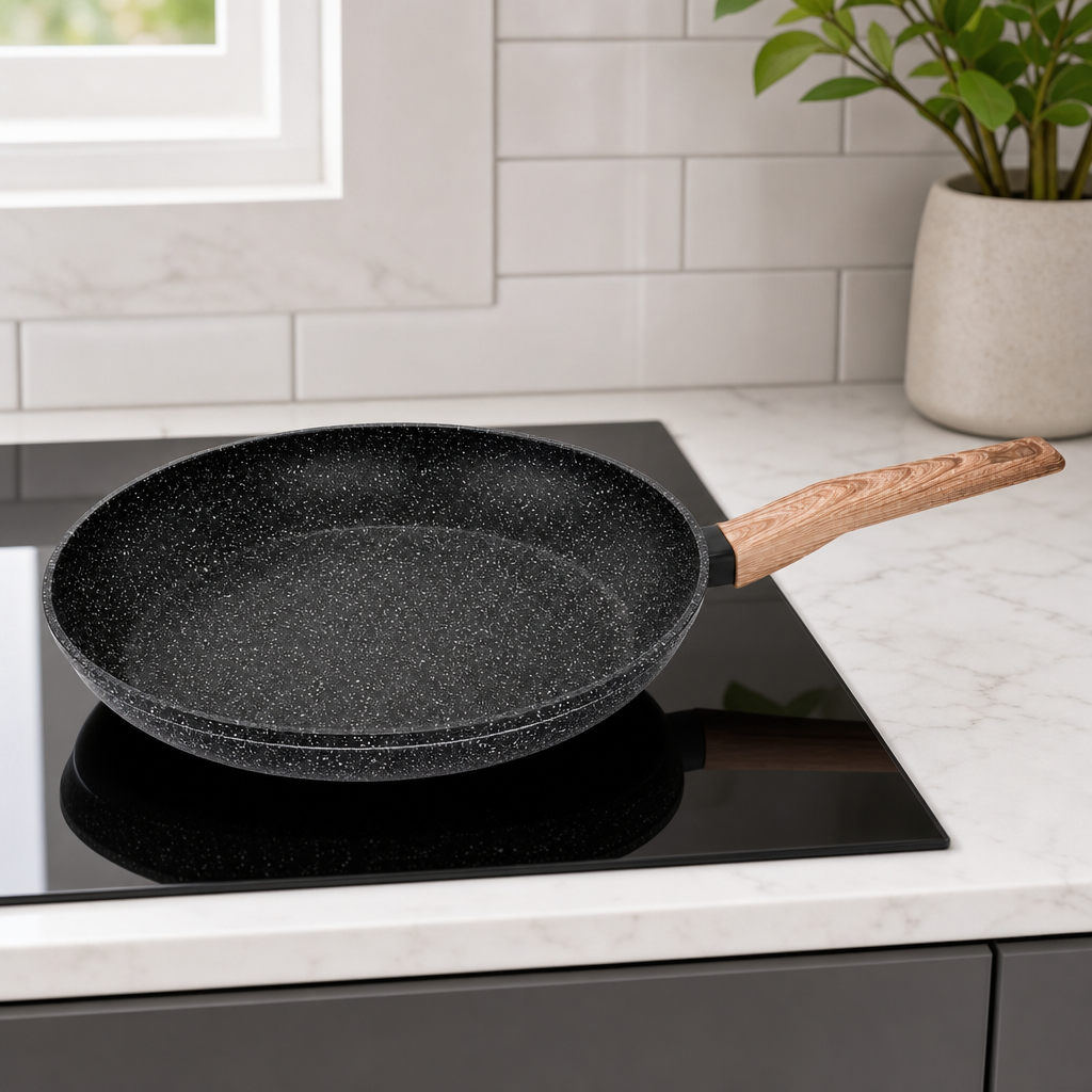 48 Pieces Forged Aluminium Frying Pan Without Lid, Round Black Cookwares, 28 cm Diameter x 5.2 cm Deep