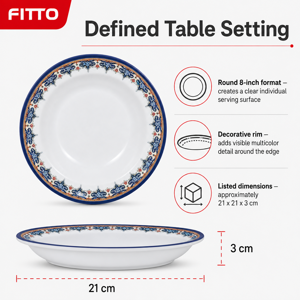 120 Pieces Melamine Dinner Plate, 8 Inch, Round White Plate with Decorative Multicolor Rim