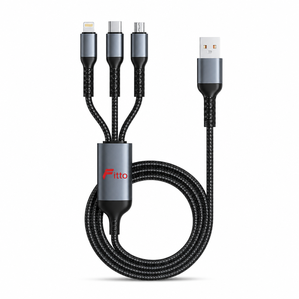 144 Pieces 3-in-1 Fast Charging Data Cable with USB-C, Micro-USB and Mobile Connectors, 100W, Black