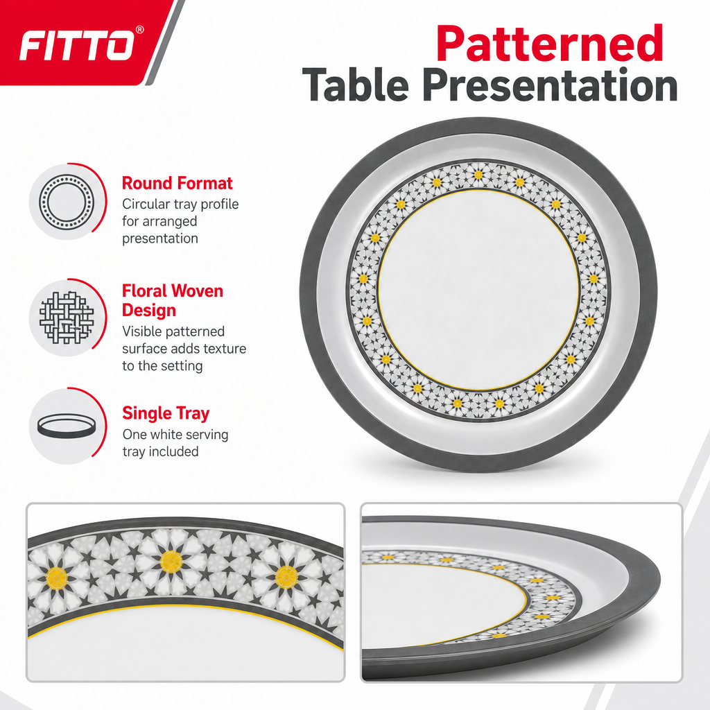 96 Pieces Round Melamine Woven Serving Trays, 35 cm, White with Floral Pattern