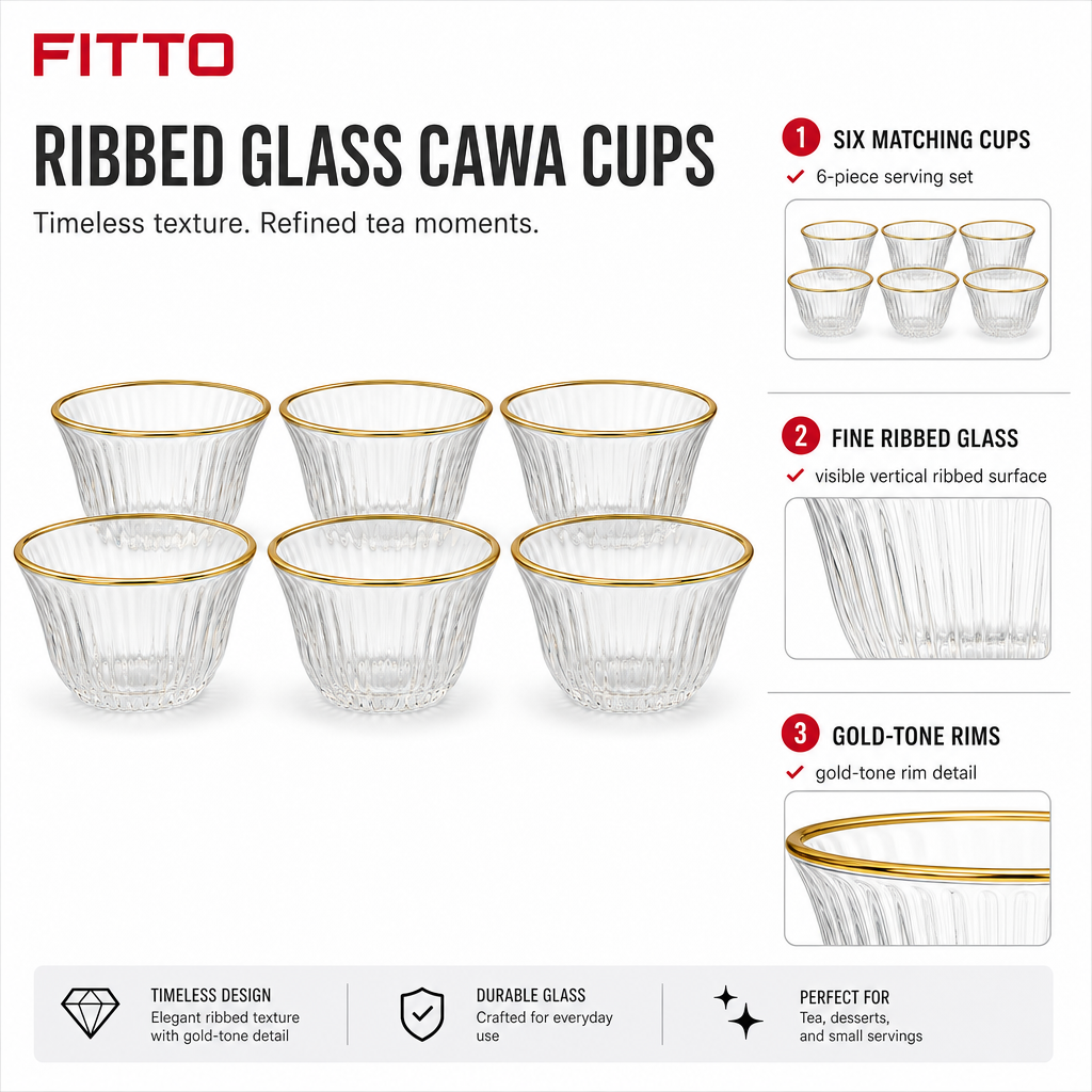 96 Pieces Clear Glass Cawa Cups, Gold-Tone Rims, Fine Ribbed Design, 6-Piece Set