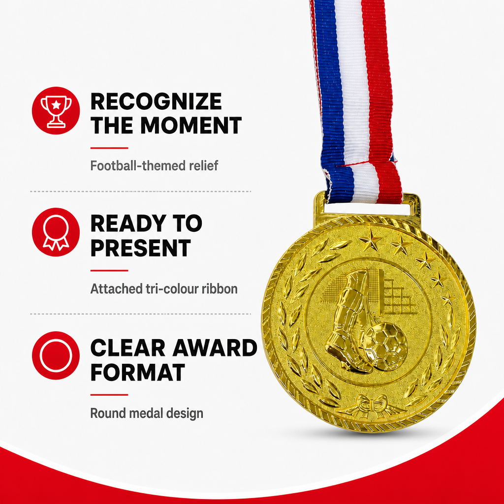 144 Pieces Football Sports Medal with Red White and Blue Ribbon, Gold