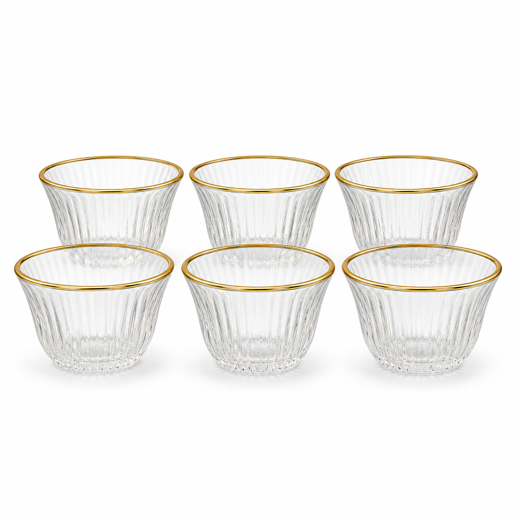 96 Pieces Clear Glass Cawa Cups, Gold-Tone Rims, Fine Ribbed Design, 6-Piece Set