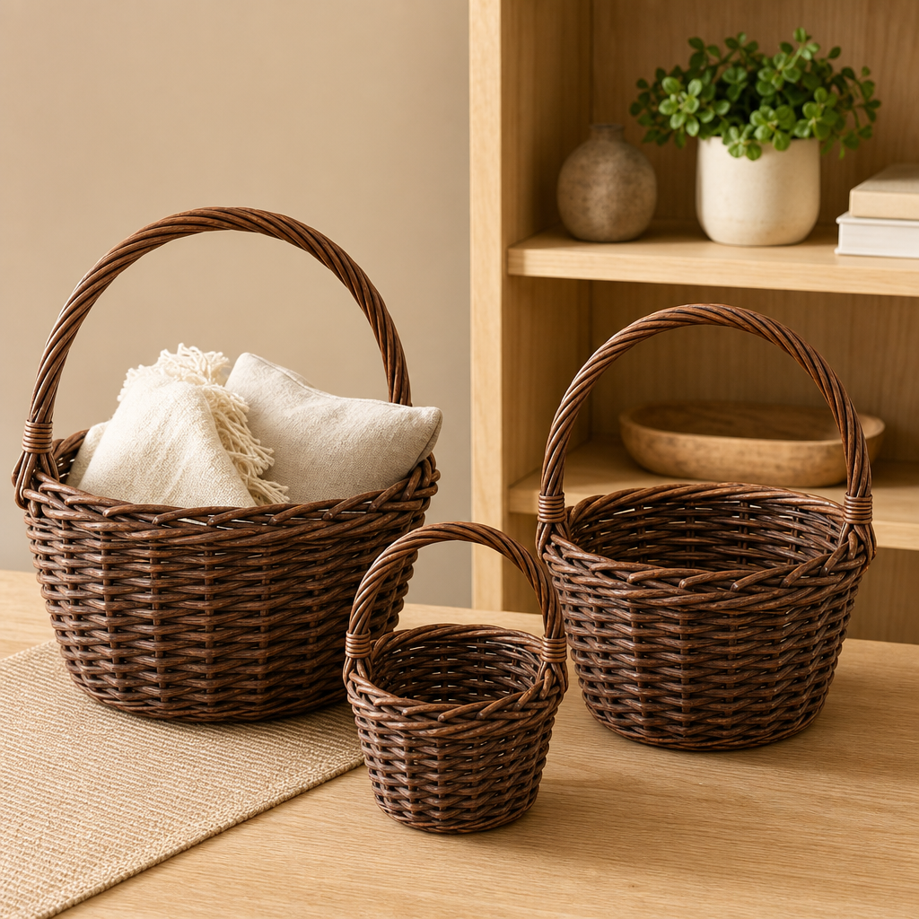 60 Pieces Round Woven-Style Storage Basket Set, Brown, Nesting Baskets with Carry Handles, 12 in, 10 in and 8 in, 3 Pieces