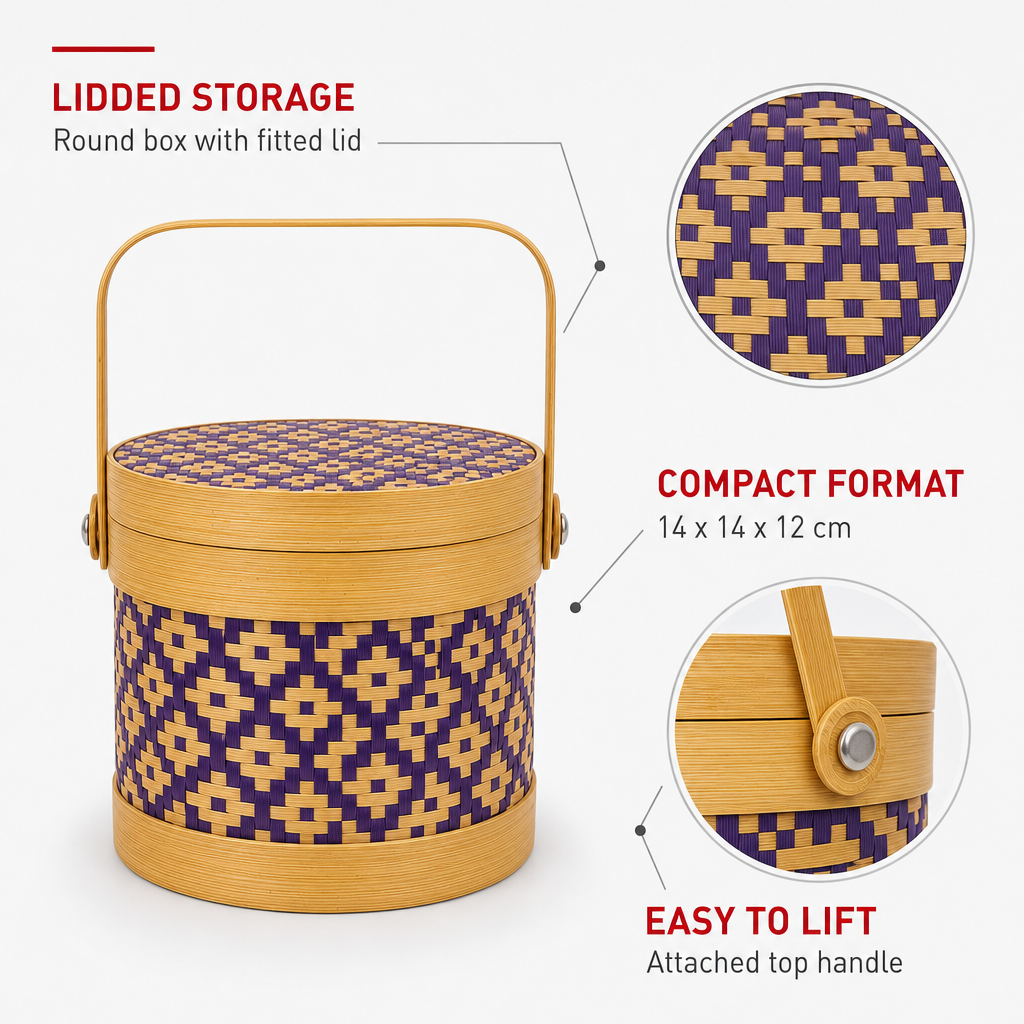 96 Pieces Round Woven Storage Box with Lid, Purple Pattern, 14 x 12 cm
