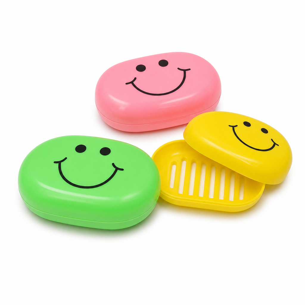 240 Pieces Pink Green and Yellow Smiley Plastic Soap Cases, 3 Pieces