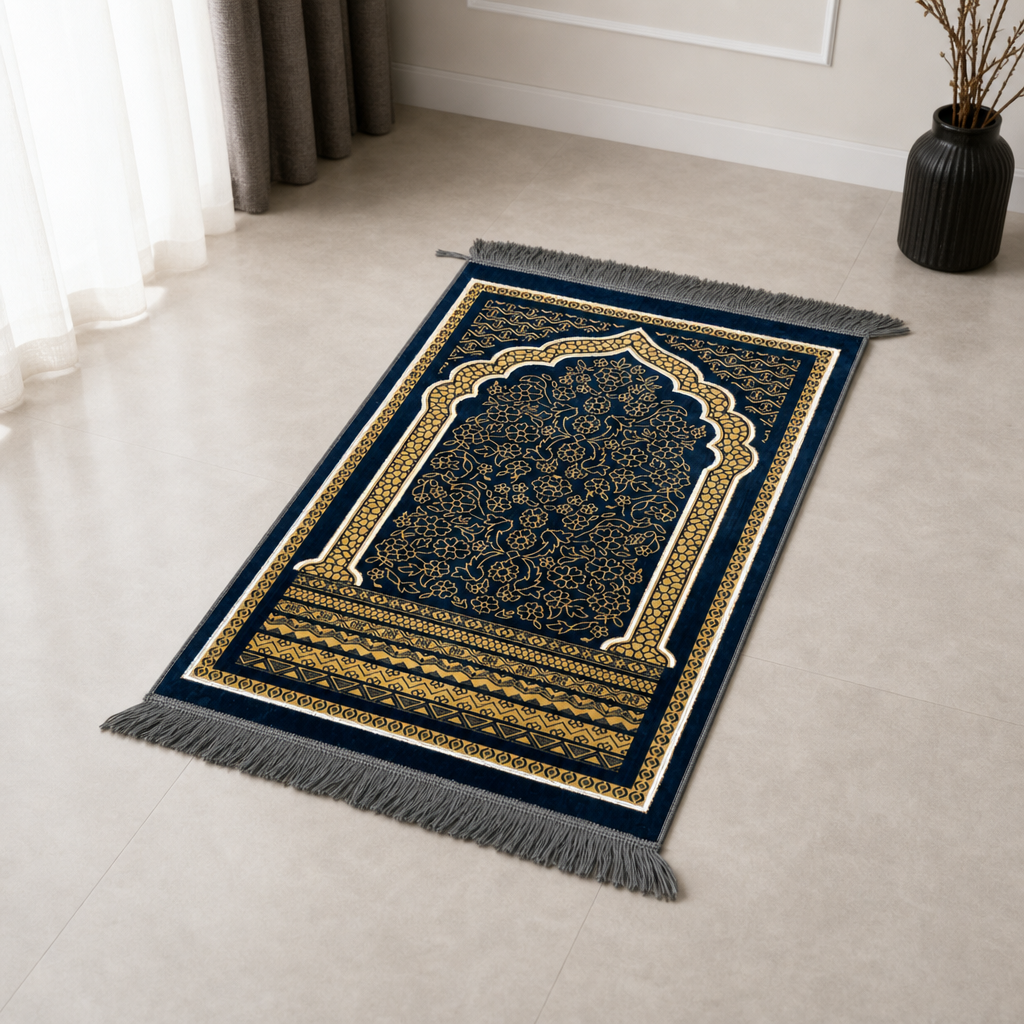 72 Pieces Decorative Prayer Mats, Turkish Style Floral Design, Blue and Gold, Fringed Edges, 36 x 28 cm