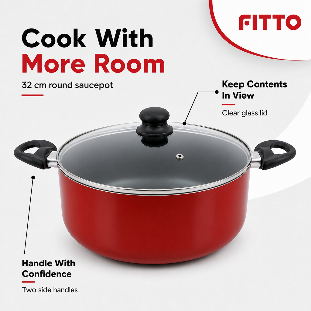 48 Pieces Red 32 cm Aluminium Non-Stick Saucepot with Glass Lid and Side Handles