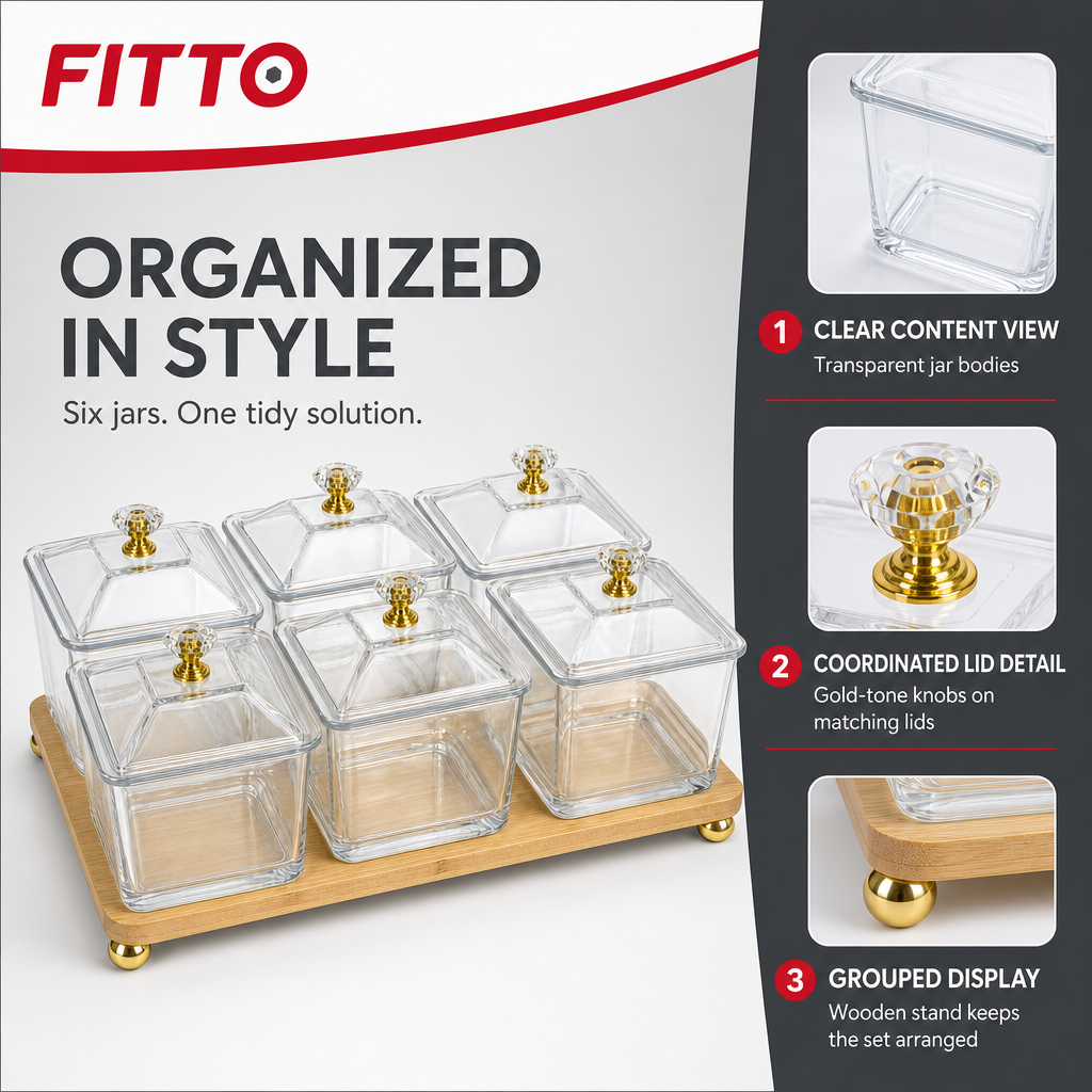 60 Pieces Glass Food Storage Jar Set with Lids, Gold-Tone Knobs and Wooden Stand, Clear Square Design