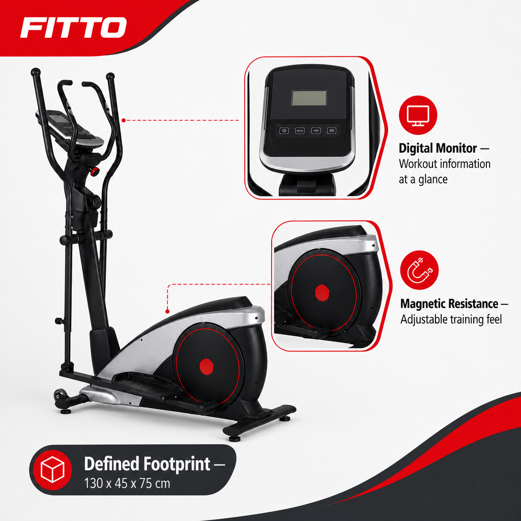 48 Pieces Elliptical Trainers with Magnetic Resistance, Digital Monitor and Heavy-Duty Frame, Black and Silver, 130 x 45 x 75 cm