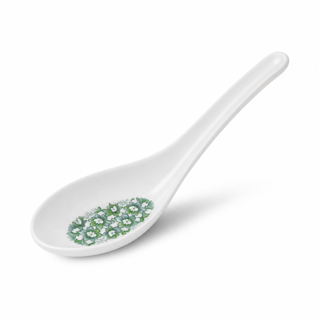 240 Pieces Chinese Soup Spoon, White with Green Floral Pattern, 14 cm
