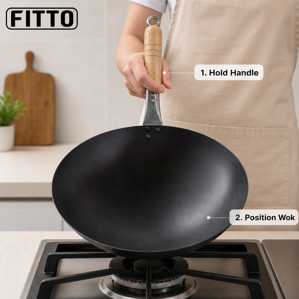 72 Pieces Carbon Steel Wok with Wooden Handle, Black, 1 Piece