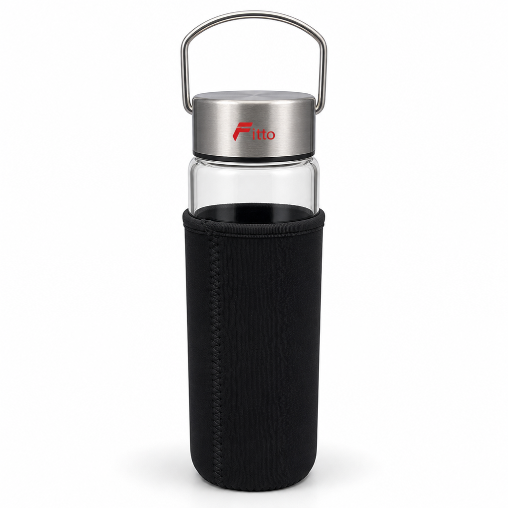 96 Pieces Glass Water Bottle with Black Sleeve, Metal Cover and Carry Handle