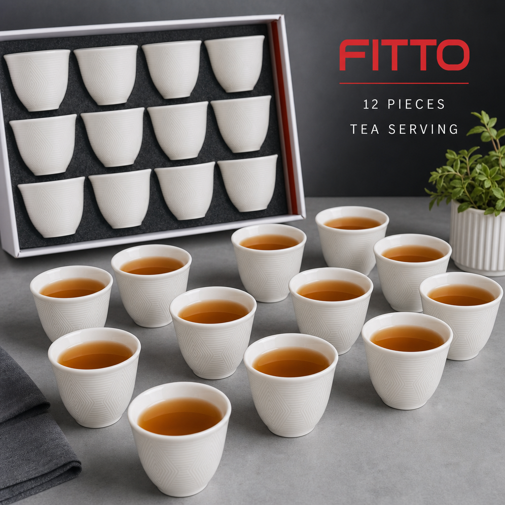 96 Pieces Ceramic Tea Cup Set, White, 12 Pieces, Textured Geometric Design for Home Tea Serving
