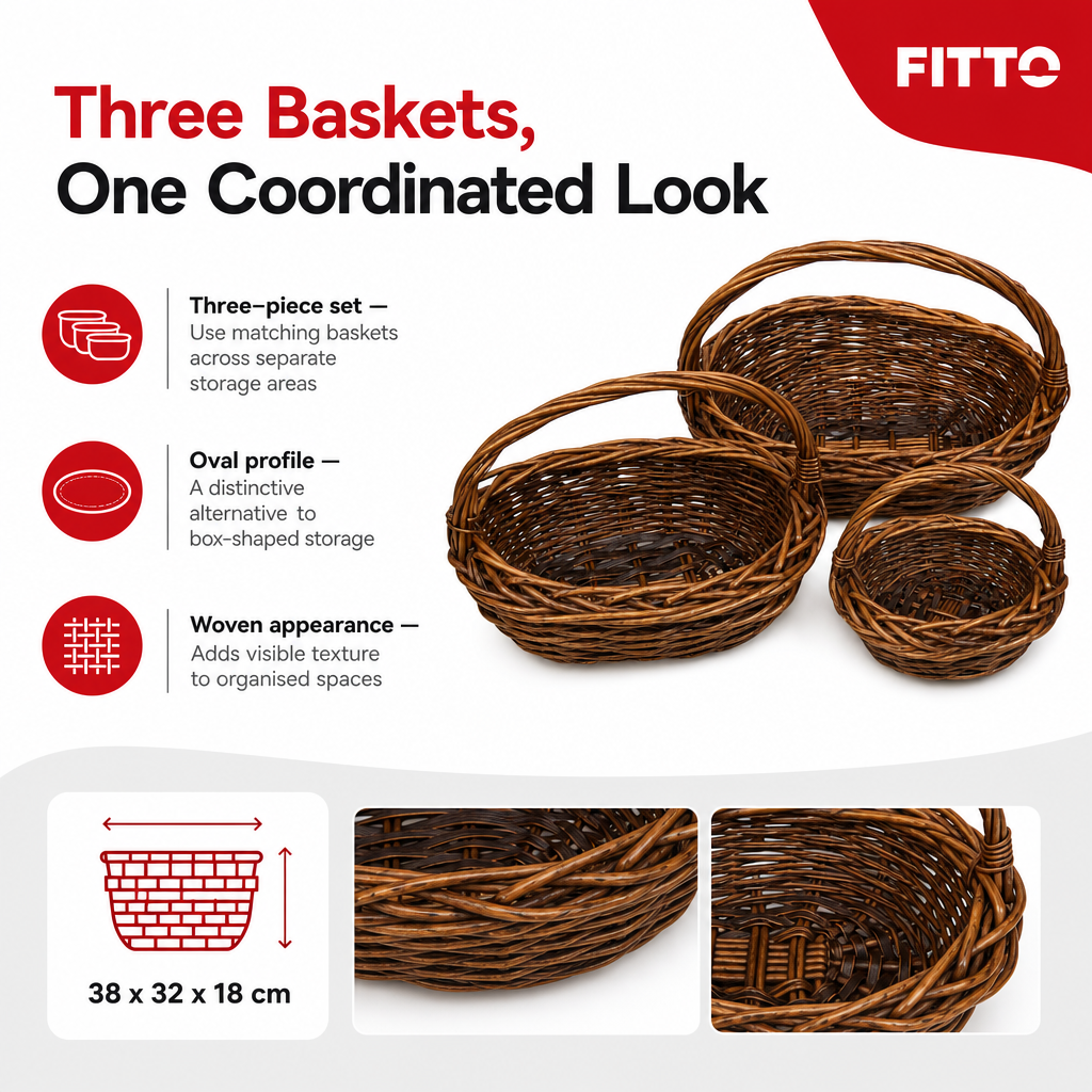 48 Pieces Oval Wicker Basket Set, Dark Brown, 3 Piece, Handwoven Storage Baskets