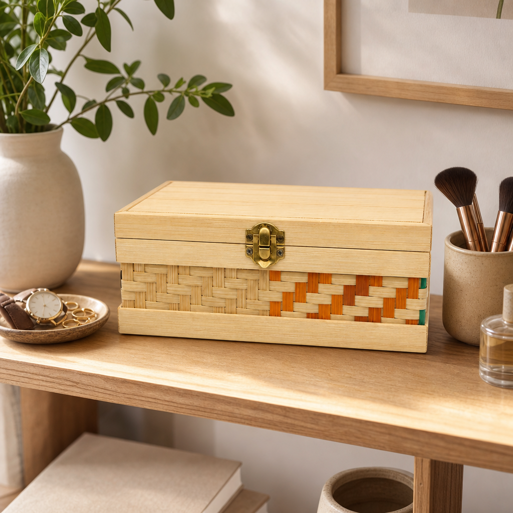 96 Pieces Woven Bamboo Storage Chest with Wooden Frame and Latch, 20 x 13 x 9 cm