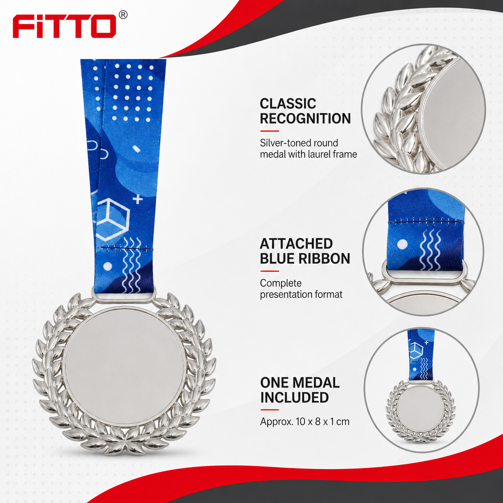 144 Pieces Laurel Frame Sports Medal with Blue Ribbon, Silver, 10 x 8 cm