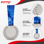 144 Pieces Laurel Frame Sports Medal with Blue Ribbon, Silver, 10 x 8 cm
