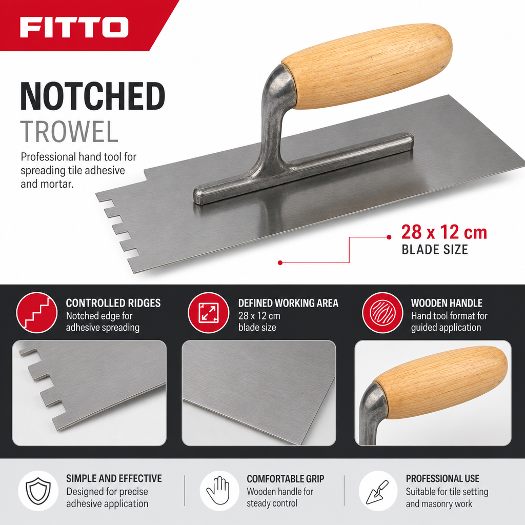 96 Pieces Stainless Steel Flooring and Tiling Notched Trowels with Wooden Handle, 28 x 12 cm, 1 Piece