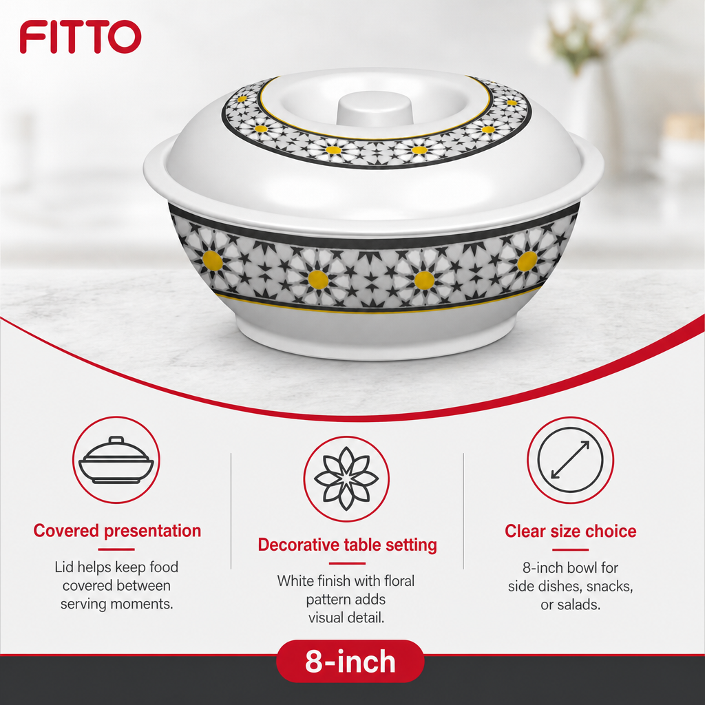 96 Pieces Melamine Lidded Serving Bowl, 8 Inch, White Floral Pattern