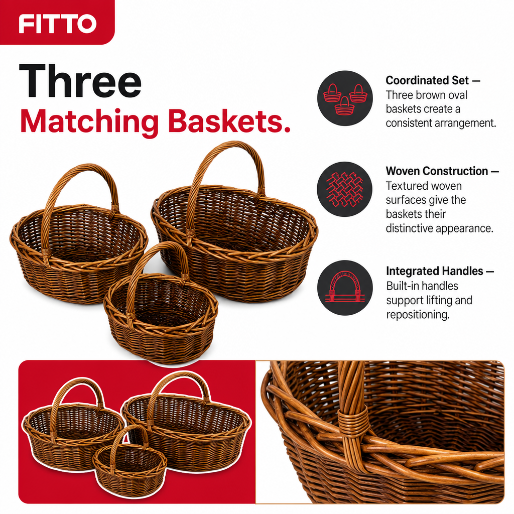 48 Pieces Oval Wicker Basket Sets with Handles, Brown, 3 Piece, 38 x 31 x 20 cm