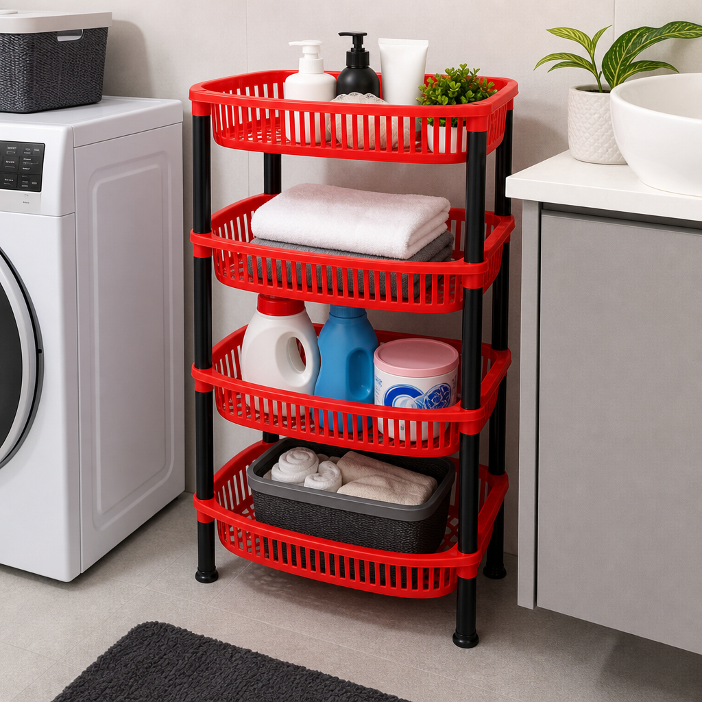 72 Pieces 4-Tier Plastic Storage Basket Rack, Red and Black, 1 Unit