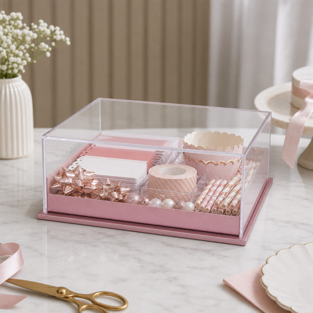 96 Pieces Acrylic Presentation Box, Pink And Clear Rectangular, 18 × 13.5 × 7.5 cm, 1 Piece