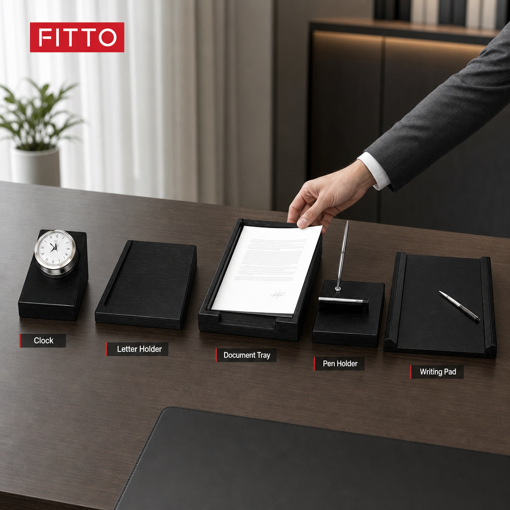 48 Pieces 5-Piece Wooden Executive Desk Set with Clock, Writing Pad, Document Tray, Pen Holder and Letter Holder, Black