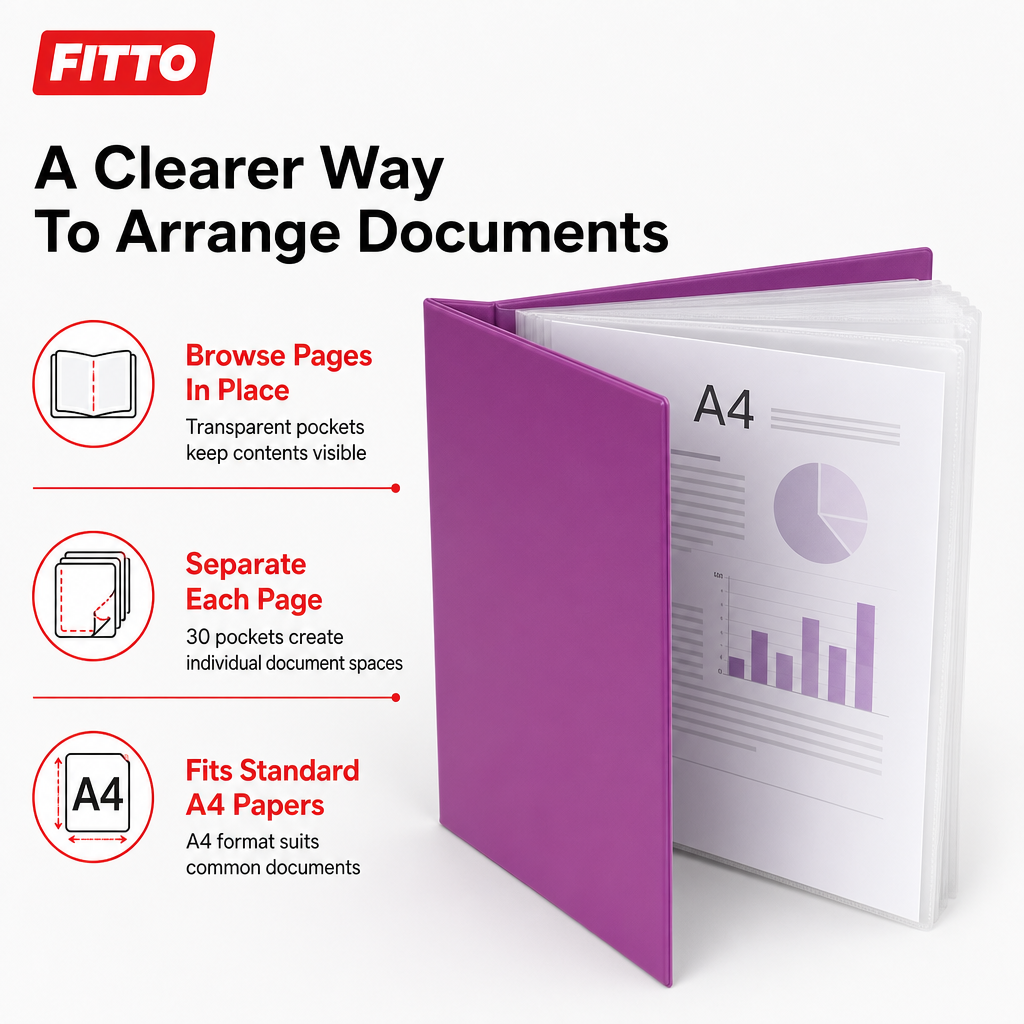 120 Pieces Purple A4 Display Book with 30 Clear Pockets, 1 Piece
