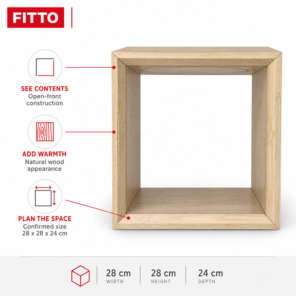 72 Pieces Wooden Open Display Box, Square Natural Finish, 28 x 28 x 24 cm, Single Box for Shelf or Tabletop Arrangement