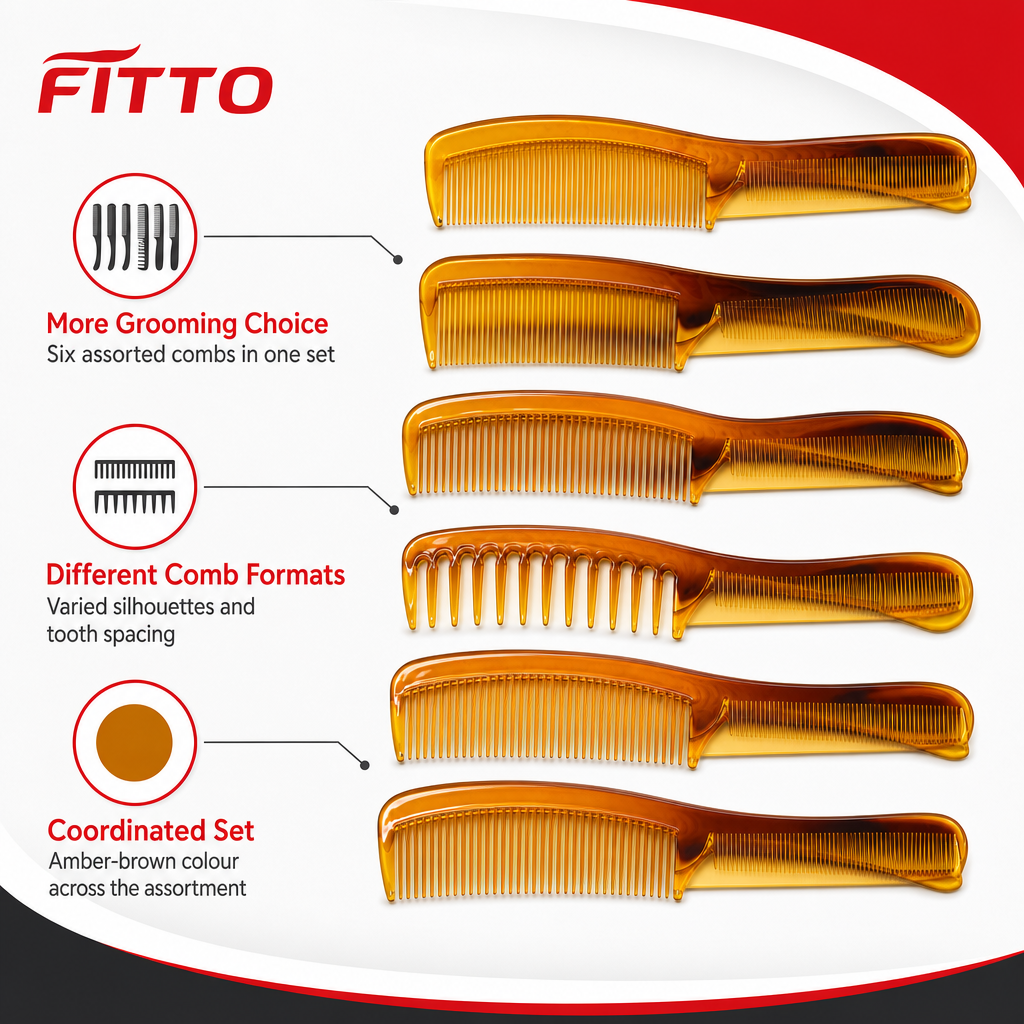 96 Pieces Amber Brown Hair Combs Set, 6 Pieces, Assorted Styling and Grooming Combs