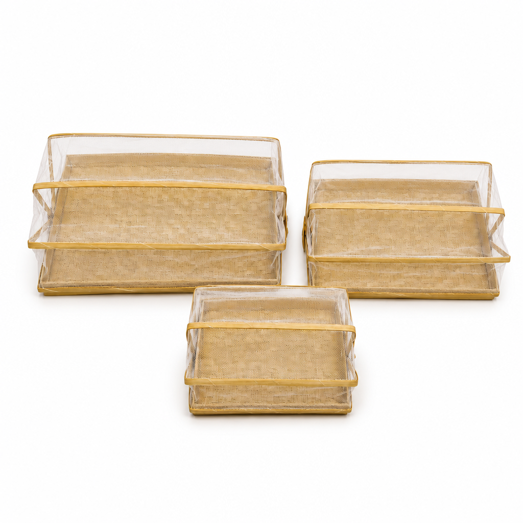 48 Pieces 3-Piece Rectangular Woven Food Cover Tray Set with Mesh Domes, 35/30/25 cm