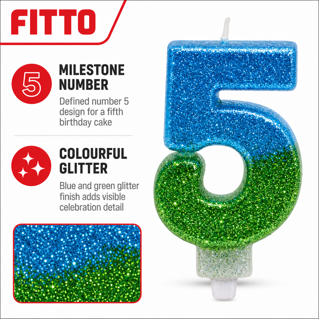 240 Pieces Blue and Green Number 5 Birthday Cake Candle, Glitter Celebration Decoration, 2 in, Single Piece