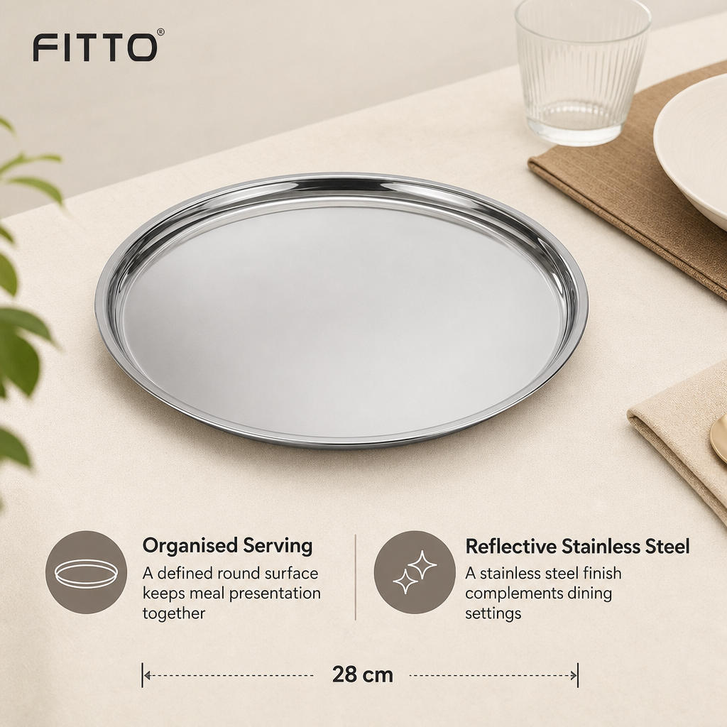 96 Pieces Stainless Steel Dinner Tray, Round Serving Trays, 28 cm