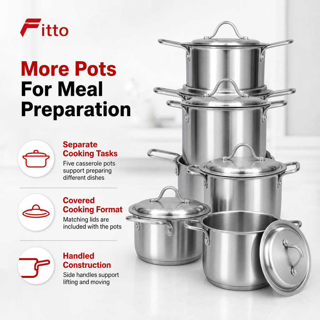 48 Pieces Stainless Steel Casserole Pot Set with Lids, Silver Small Size, 5-Piece Cookwares Set