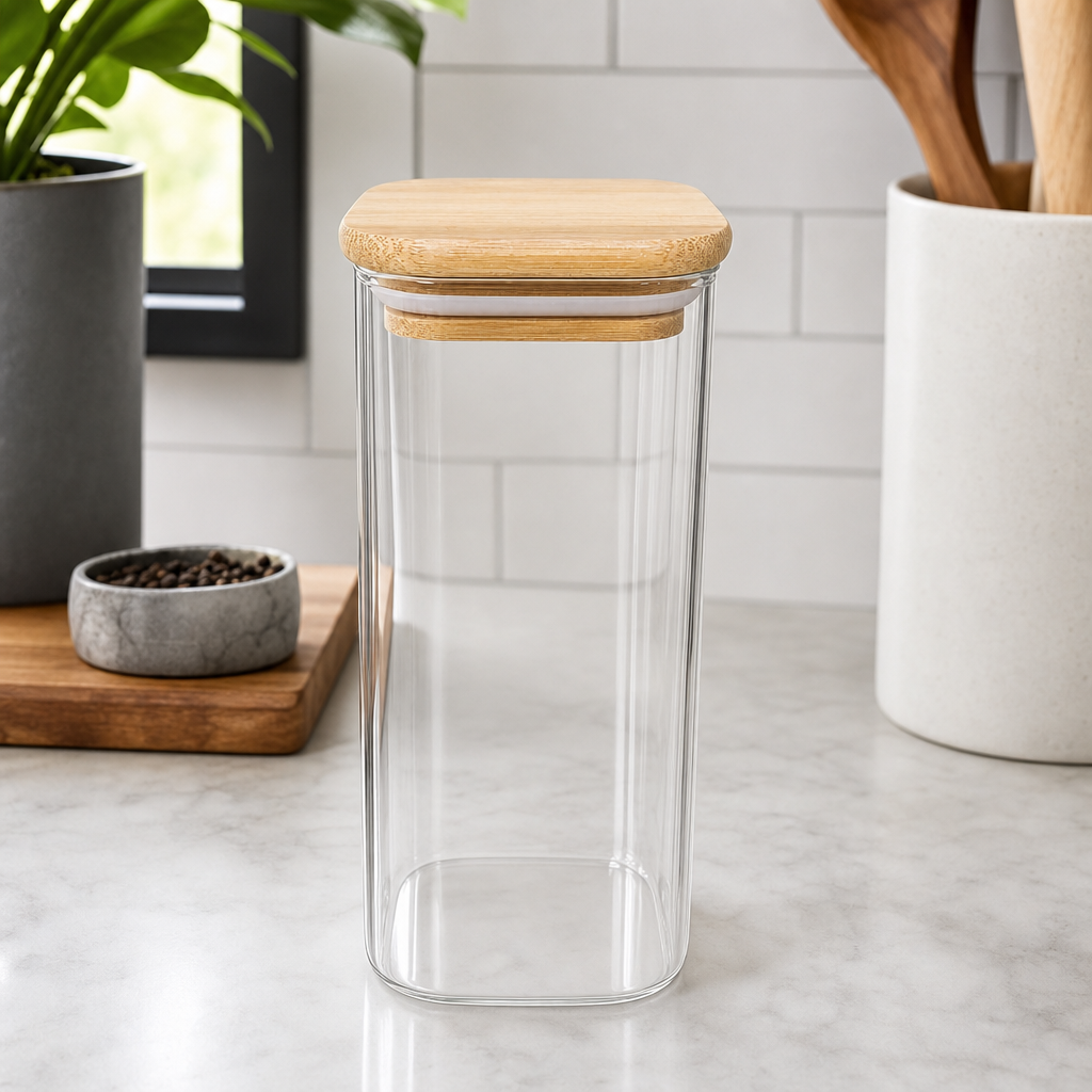 144 Pieces Glass Storage Jar with Wooden Lid, Clear Body and Natural Wood Finish, 15 x 6 x 6 cm, 1 Piece