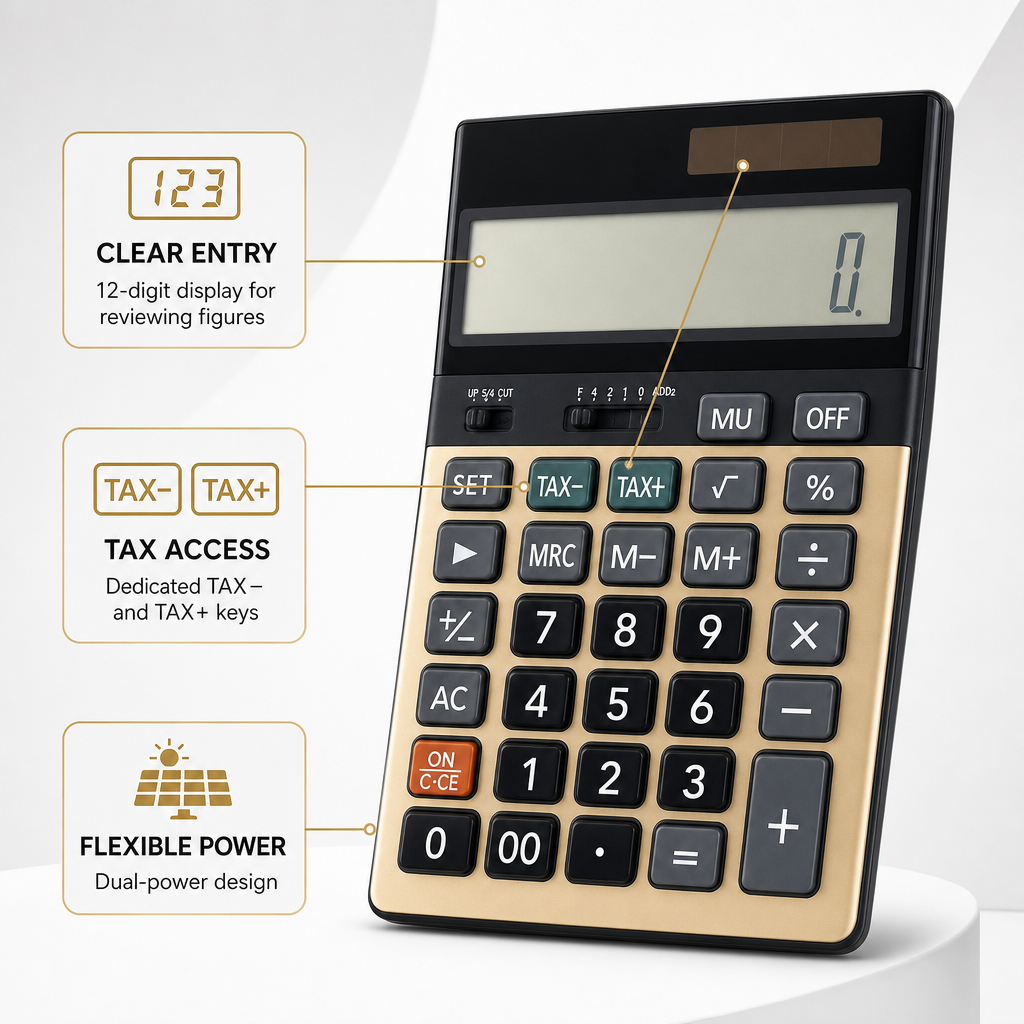 72 Pieces Electronic Calculators, 12-Digit Display with Tax Function and Dual Power, Black and Gold, 1 Piece