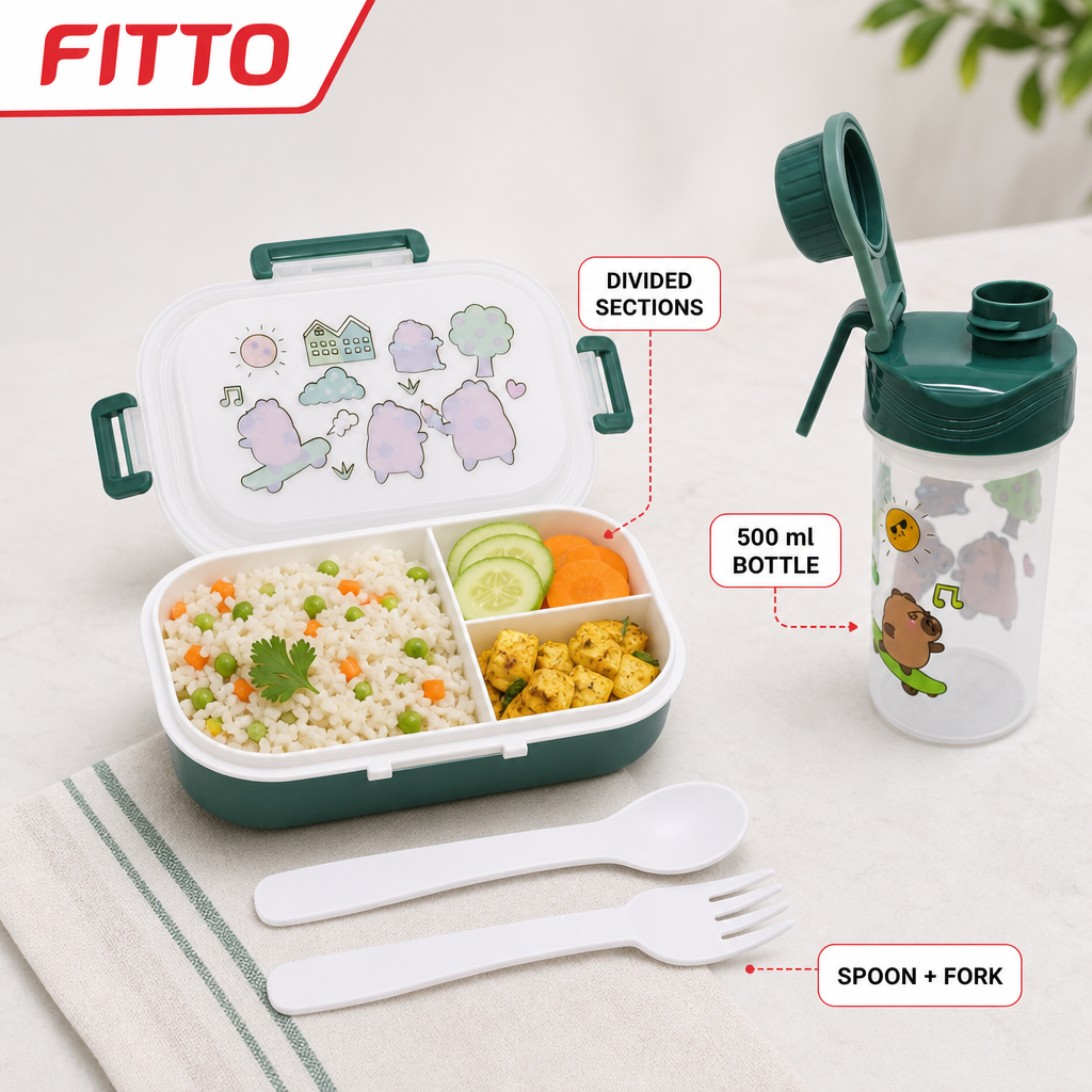 96 Pieces Assorted Colour Rectangular Plastic Lunch Box Set with 500 ml Bottle, Spoon and Fork