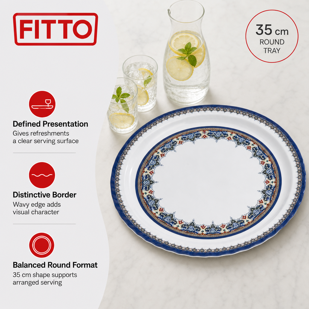 96 Pieces Melamine Round Serving Trays, Wavy Edge, 35 cm, Patterned Design