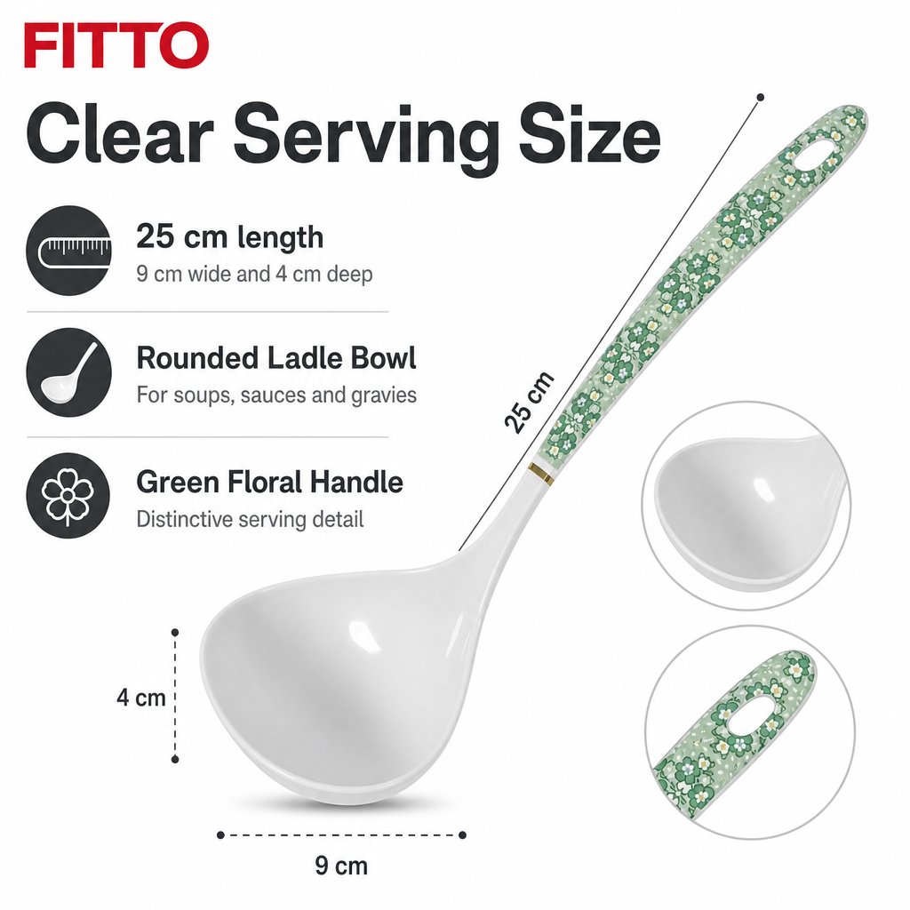 144 Pieces Cooking Ladle with Green Floral Handle, White, 25 cm