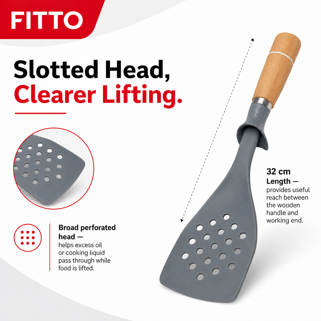 96 Pieces Self-Standing Slotted Turner with Wooden Handle, 32 cm, Grey