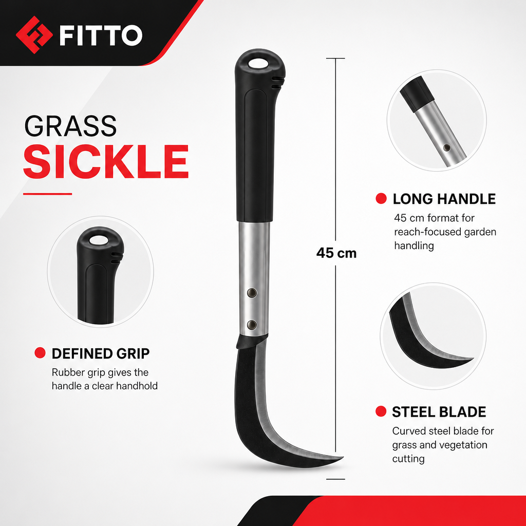 96 Pieces Steel Grass Sickle with Long Handle and Rubber Grip, 45 cm, Black, 1 Piece